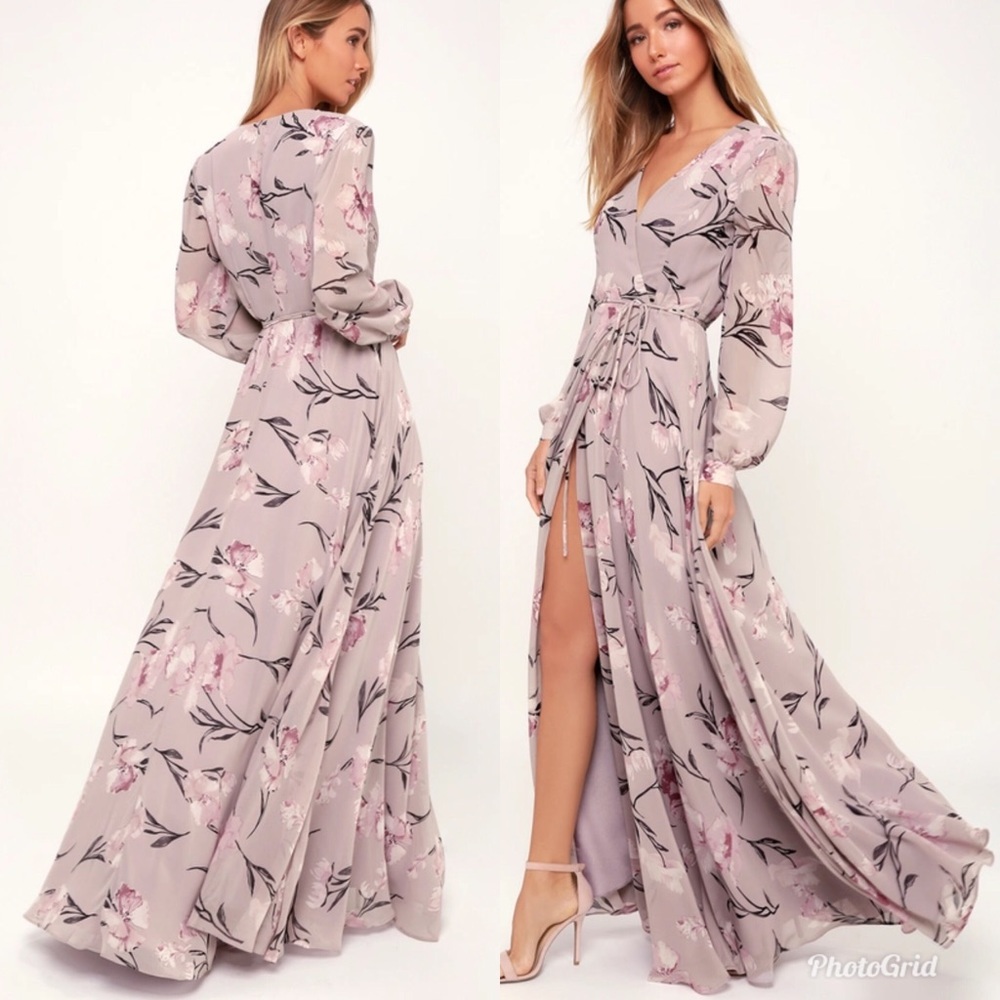 Lulus - FLORAL PRINT LONG SLEEVE WRAP MAXI DRESS